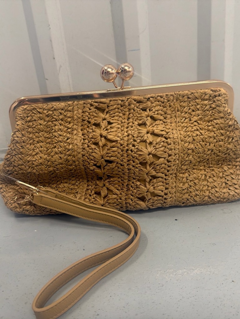 a new day Woven Straw Clutch Wristlet in Tan with Gold Frame